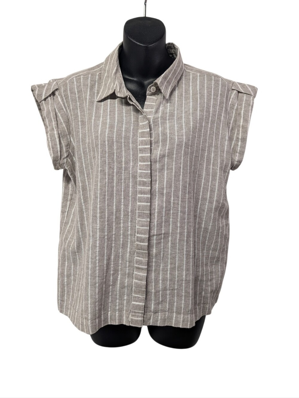 NIC+ZOE Womens Beige Gray White Striped Collared Cap Sleeve Button-Up Top S NWT